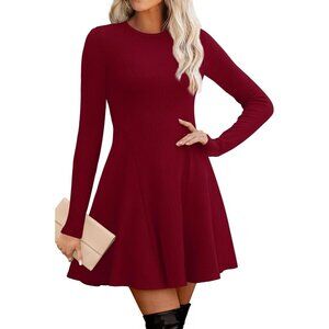 Women Burgundy Crew Neck Ribbed Knit Flare A-Line Long Sleeve Sweater Dress